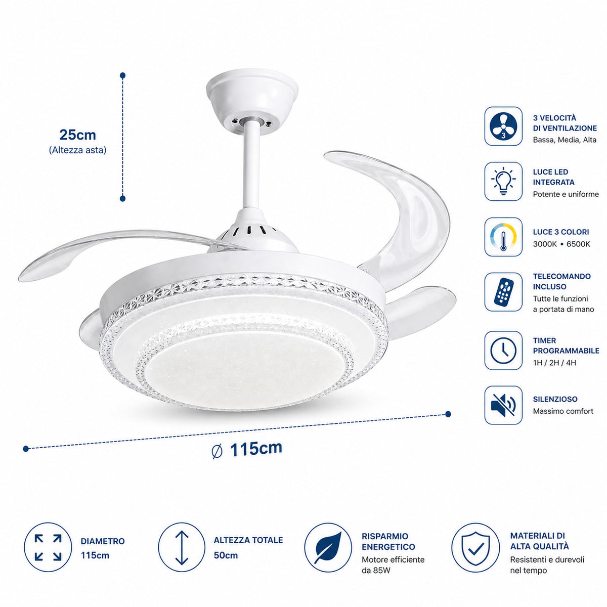 VENTILATEUR DE PLAFOND LUMIÈRE LED 85W PALES RÉTRACTABLES 48" TÉLÉCOMMANDE SJ-195