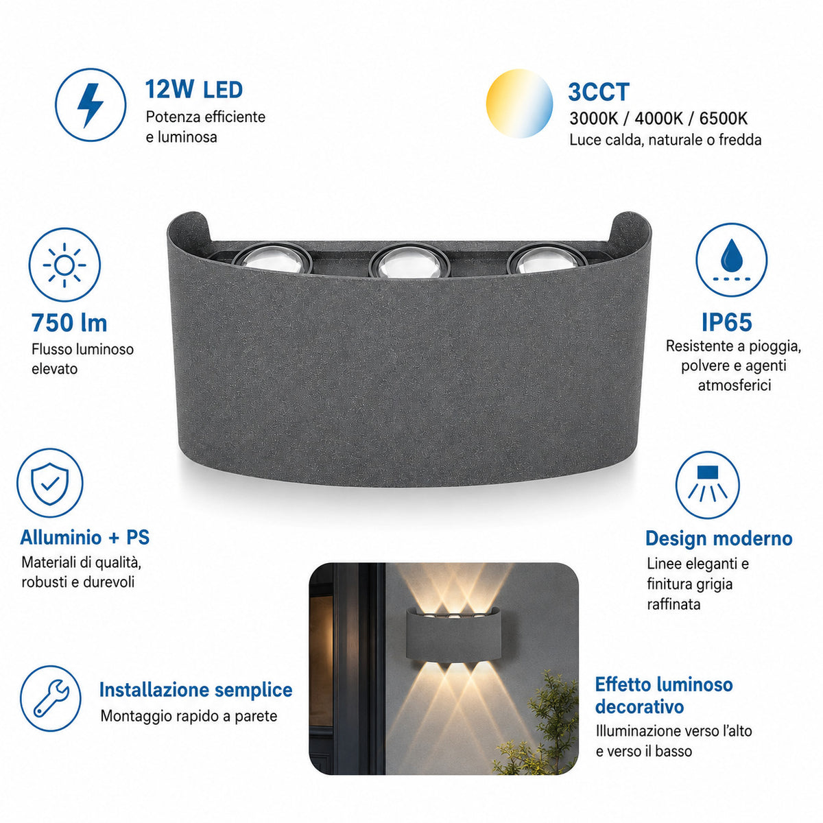 APPLIQUE LED 12W GRIGIA IP65 LAMPADA PARETE ESTERNO3000K 4000K 6000K ET-31674