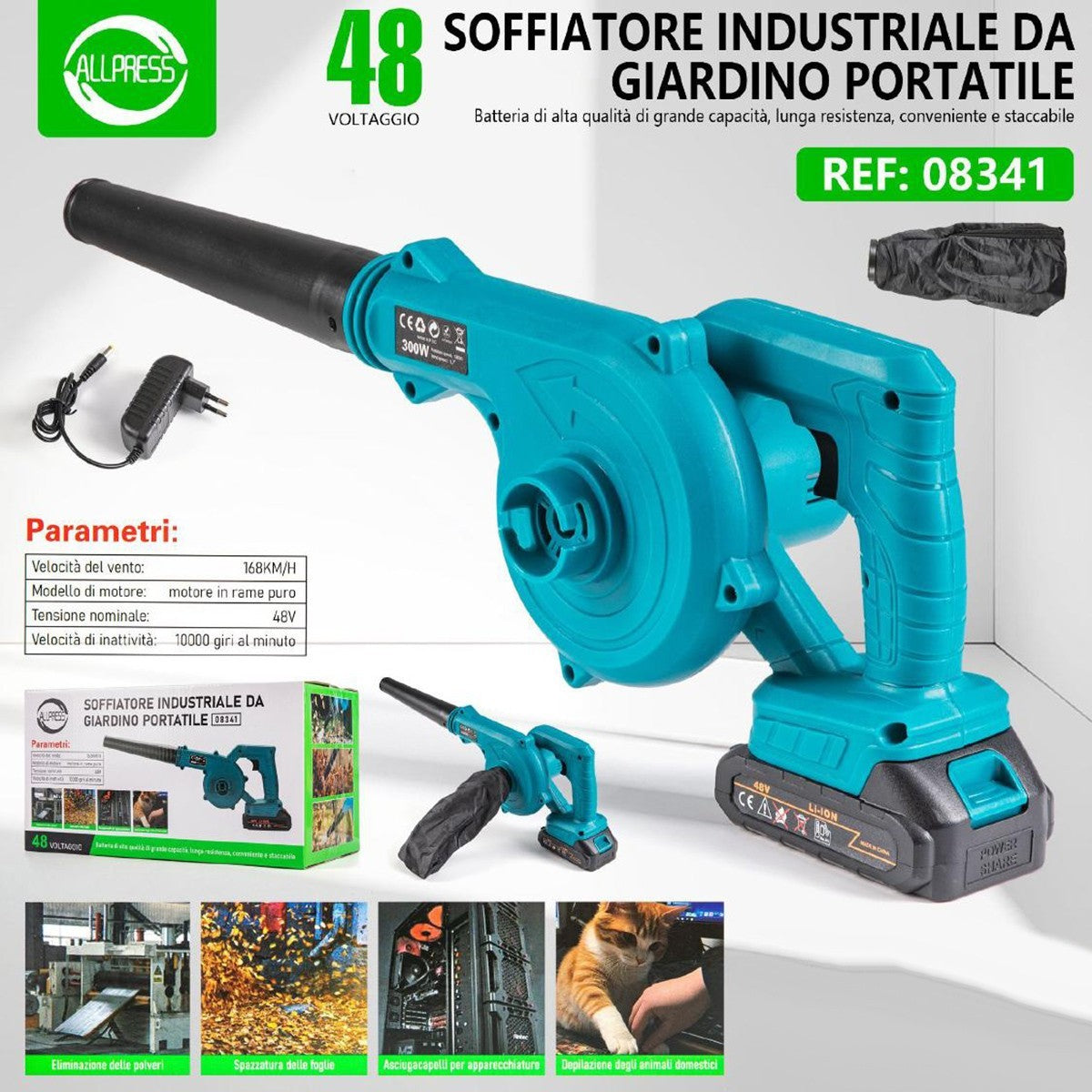SOFFIATORE BATTERIA PORTATILE 48V BRICOLAGE VELOCITÀ ARIA FOGLIE GIARDINO SACCA