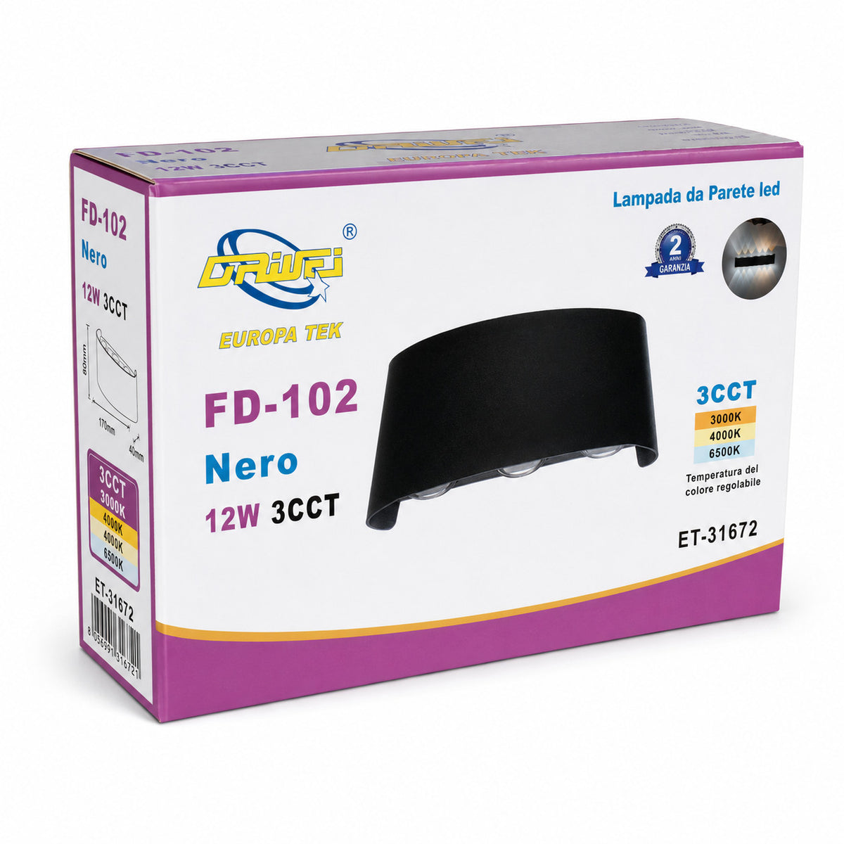 APPLIQUE LED 12W ESTERNO LAMPADA PARETE NERA IP65 3000K 4000K 6000K ET-31672