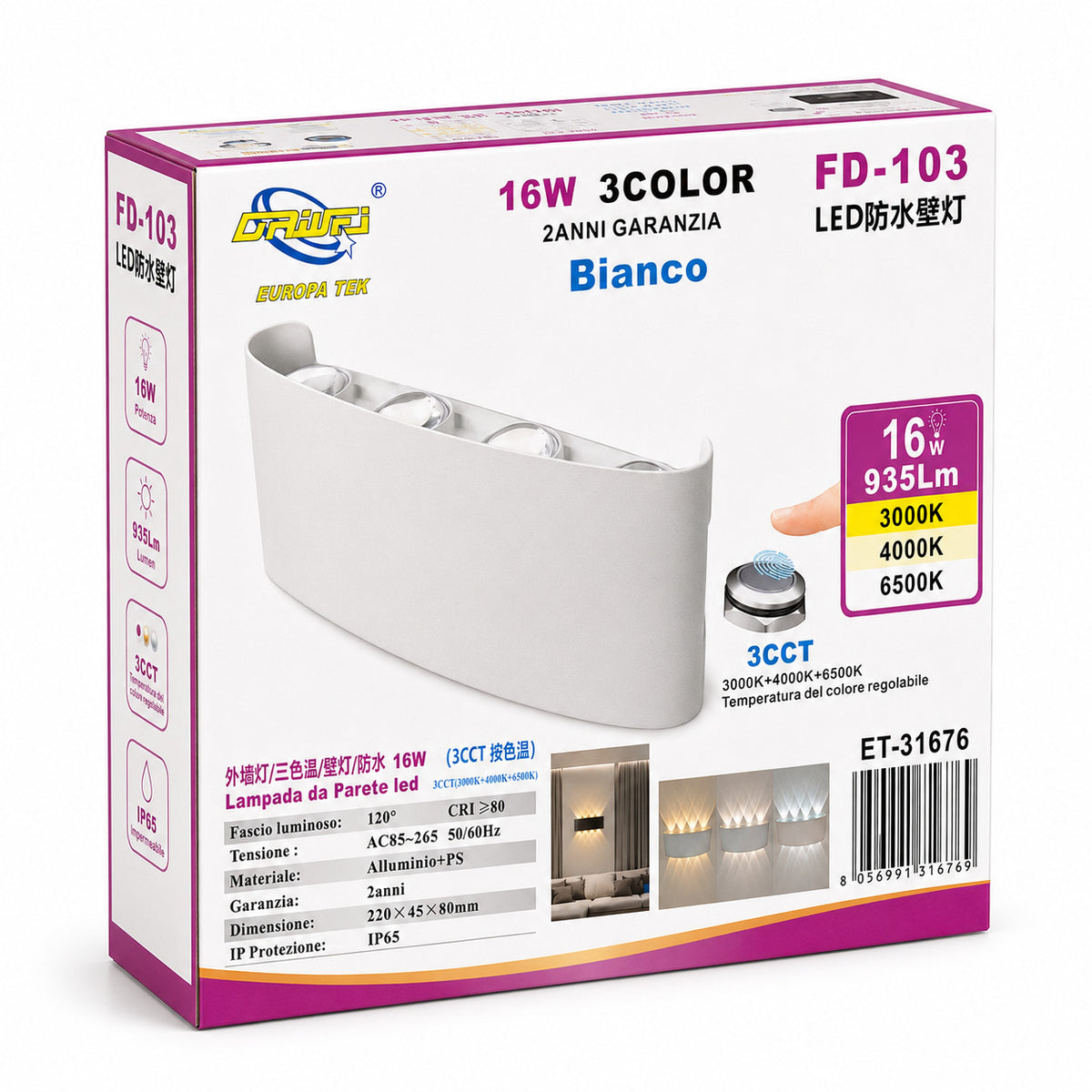 APPLIQUE LED 16W BIANCA IP65 LAMPADA PARETE ESTERNO 3000K 4000K 6000K ET-31676
