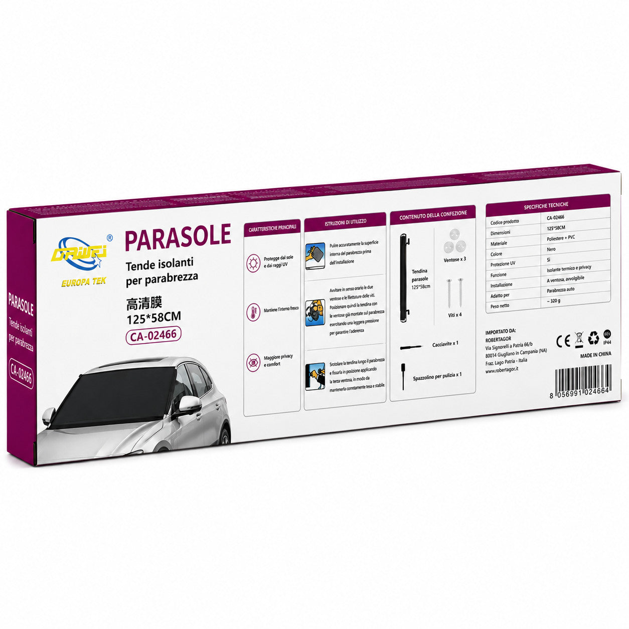 TENDINA PARASOLE AVVOLGIBILE PER AUTO 125x58CM PARABREZZA OSCURANTE CA-02466