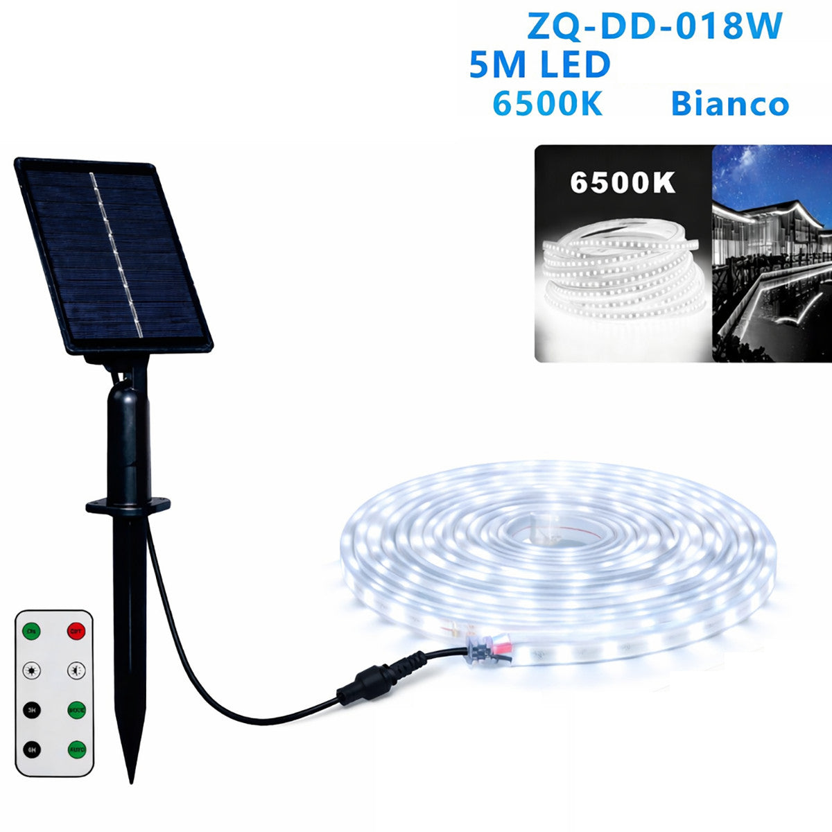 BANDE LED SOLAIRE 5 MÈTRES TÉLÉCOMMANDE BLANC FROID 6500K POUR EXTÉRIEUR ET-31608