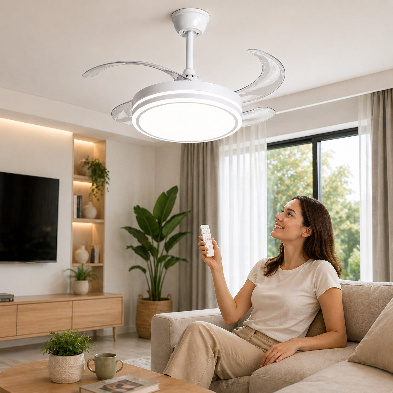 VENTILATEUR DE PLAFOND LUMIÈRE LED 60W PALES RÉTRACTABLES 42" TÉLÉCOMMANDE 8933K