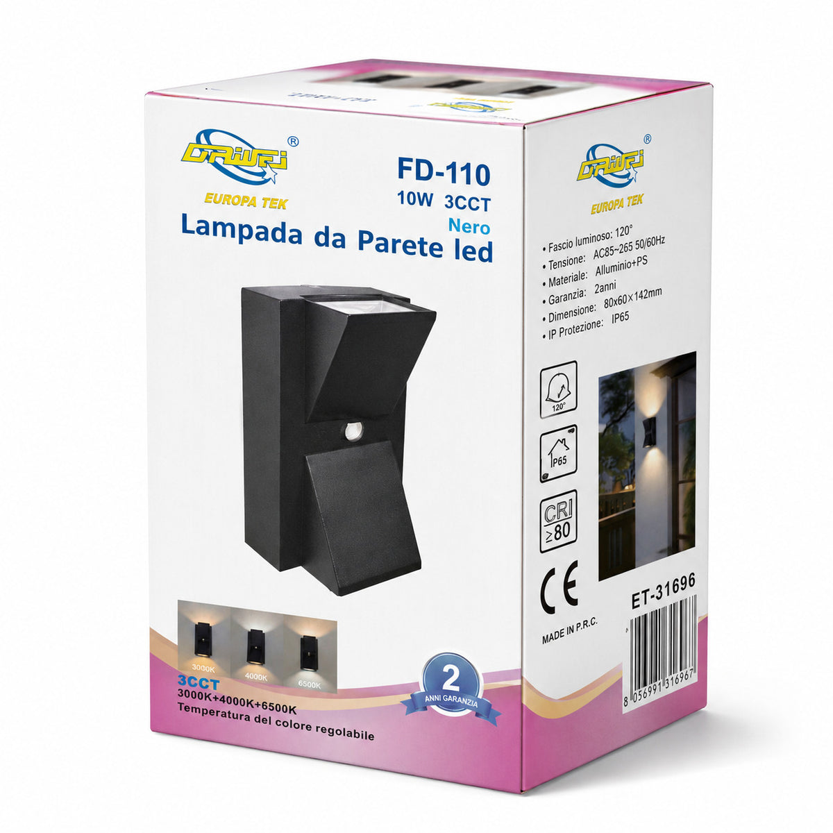 APPLIQUE LED 10W ESTERNO LAMPADA PARETE NERO IP65 3000K 4000K 6000K ET-31696