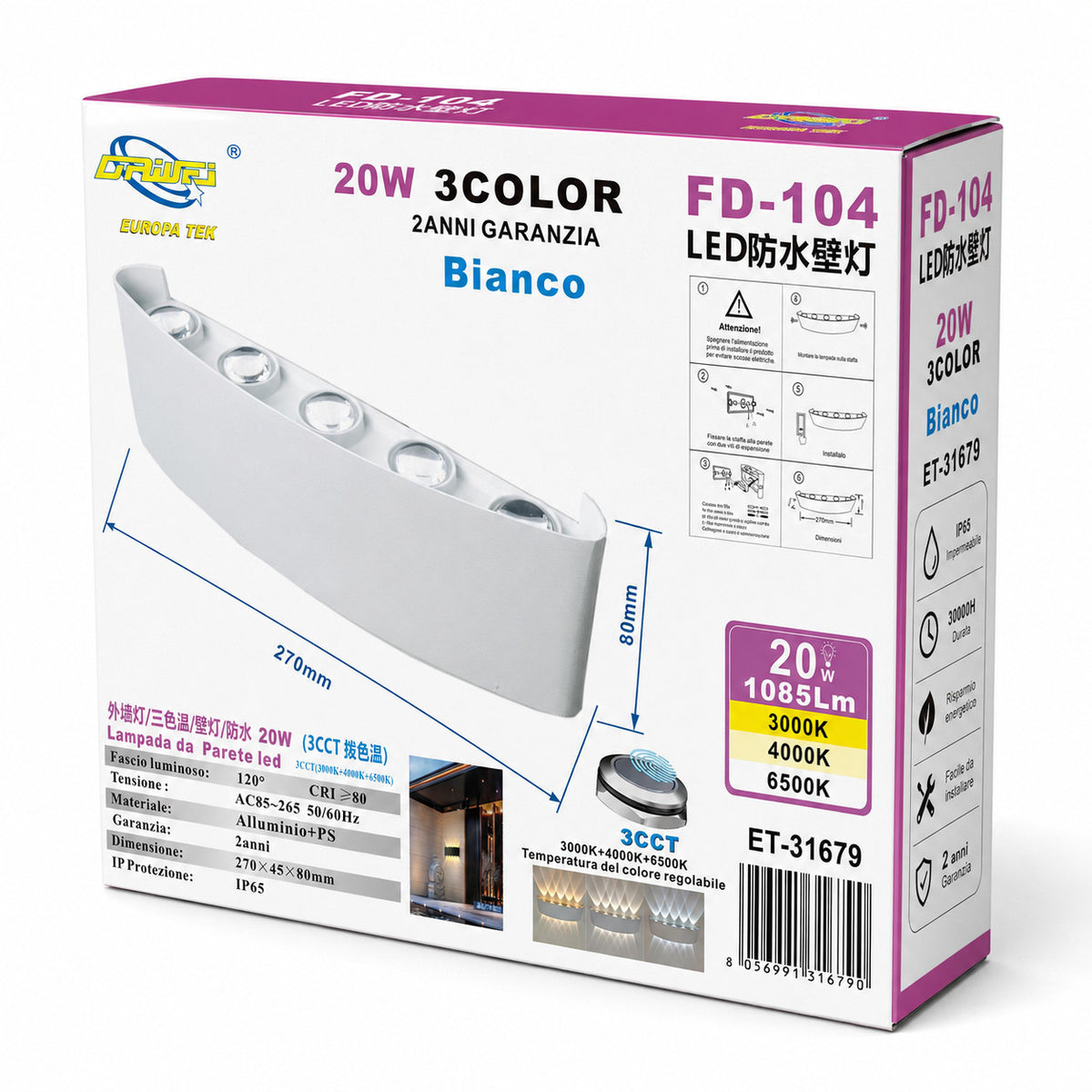 APPLIQUE LED 20W ESTERNO LAMPADA PARETE BIANCA IP65 3000K 4000K 6000K ET-31679