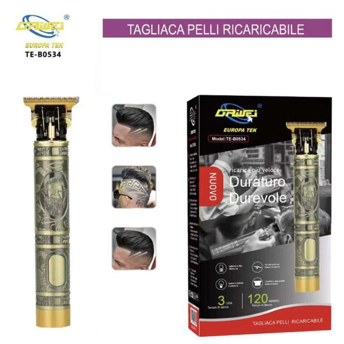 TAGLIACAPELLI PROFESSIONALE REGOLA BARBA RASOIO DISEGNI RICARICABILE USB TEB0534