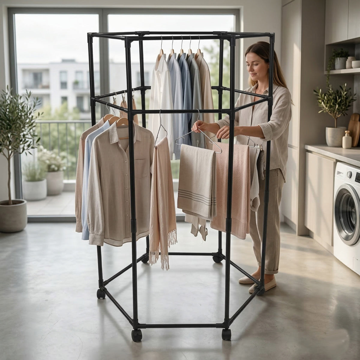 PORTE-MANTEAU ÉTENDOIR ROTATIF À ROUES GAIN DE PLACE 69727