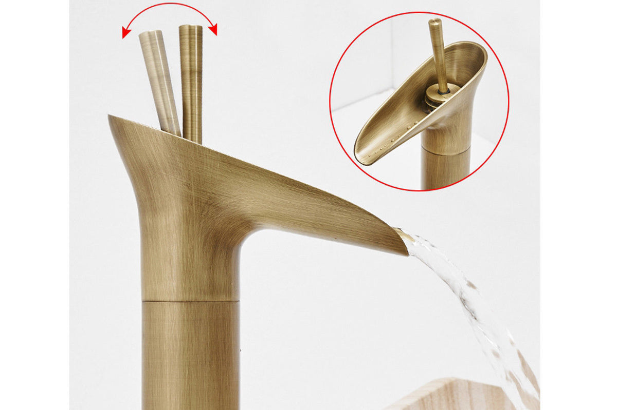RUBINETTO MISCELATORE VINTAGE BAGNO CANNA BASSA BECCO CASCATA OTTONE T2021
