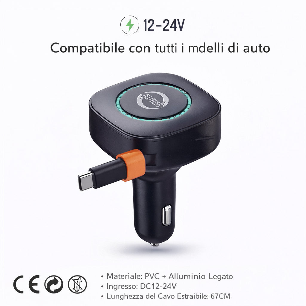 CHARGEUR VOITURE USB TYPE-C 3.1A CÂBLE RÉTRACTABLE 67CM 12V 24V CHARGE RAPIDE