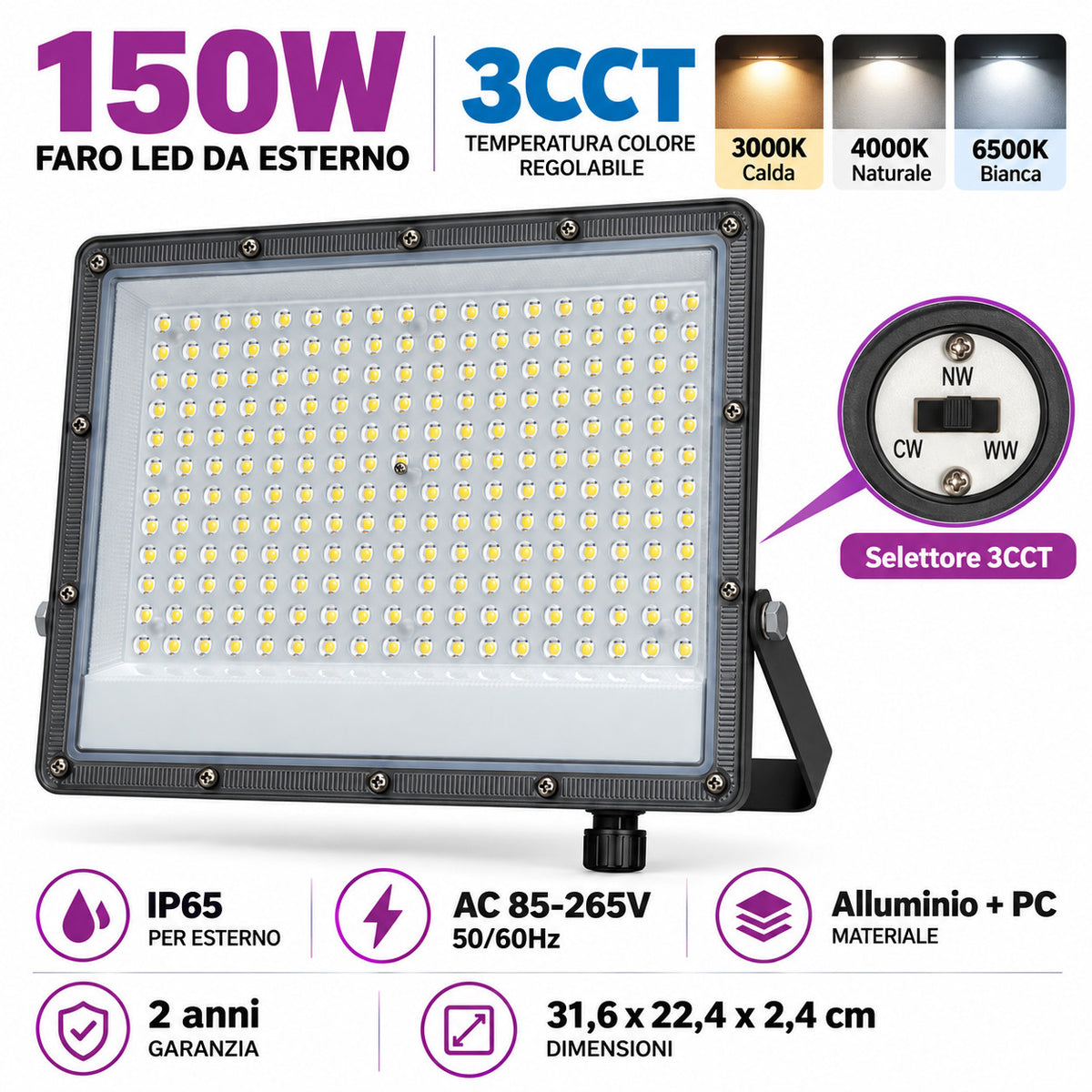 FARO LED 150W ESTERNO IP65 FARETTO GIARDINO 3CCT 3000K 4000K 6500K LUCE ET-31769