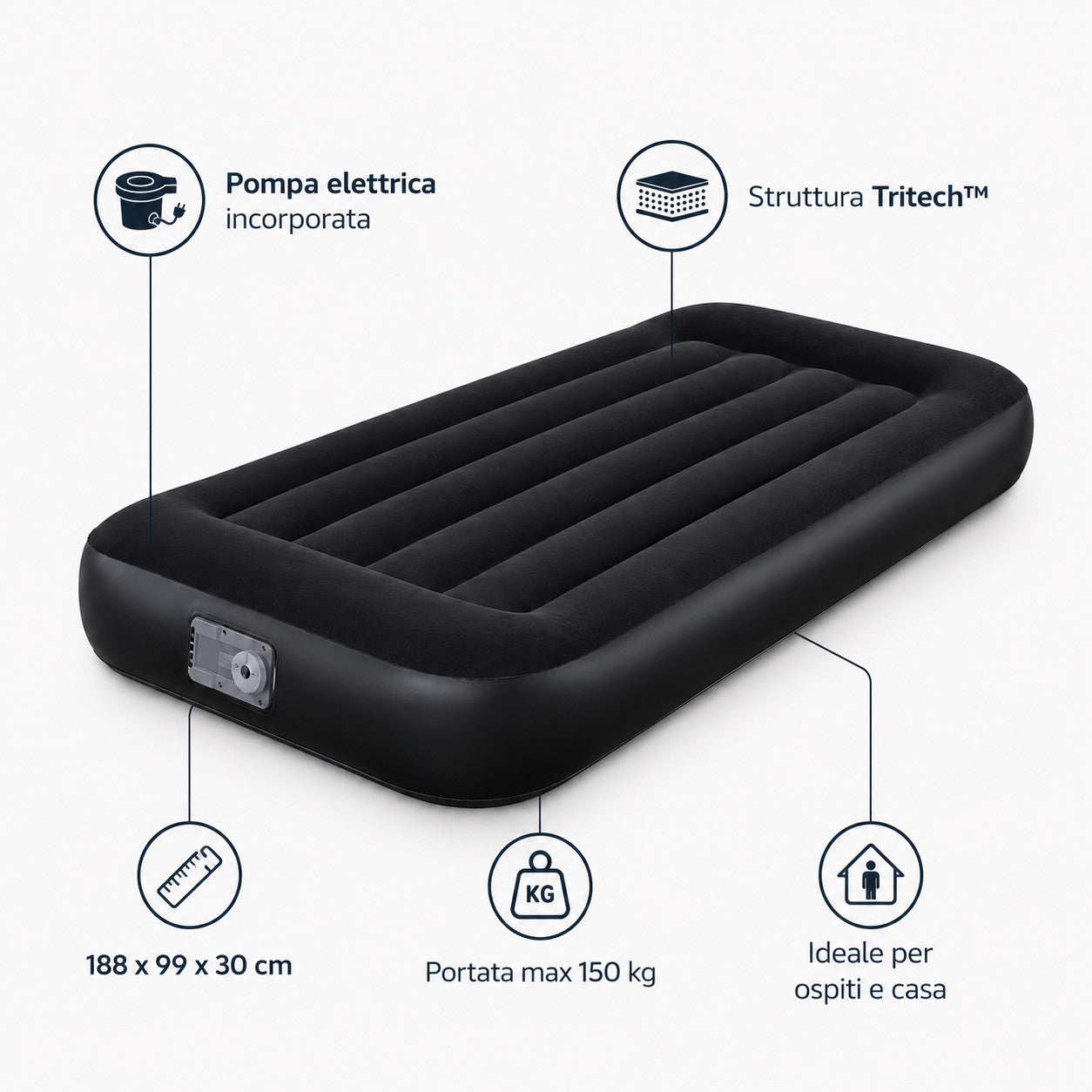 MATERASSO GONFIABILE SINGOLO BESTWAY CON POMPA ELETTRICA INCORPORATA 188x99x30CM