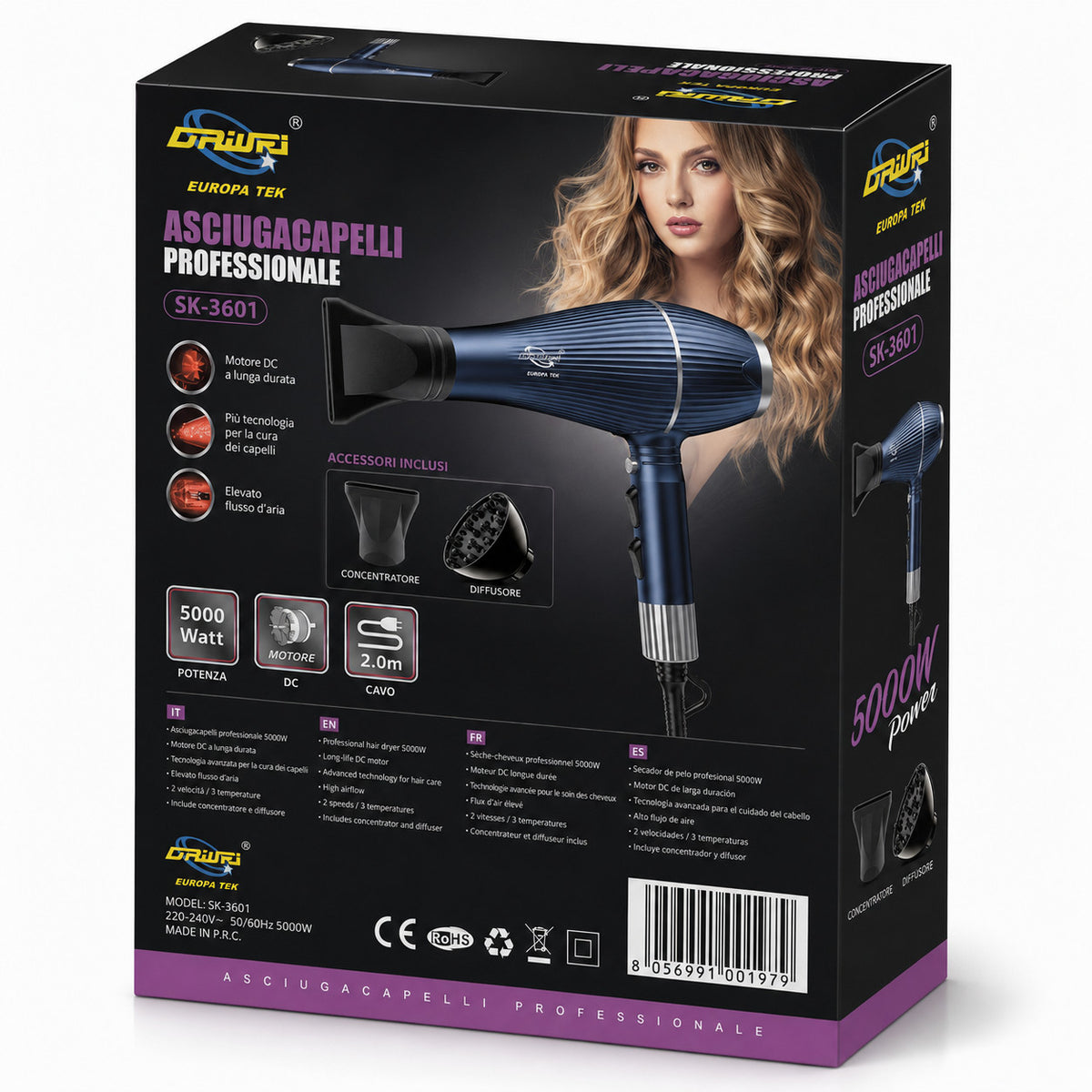 ASCIUGACAPELLI PROFESSIONALE 5000W PHON IONICO DIFFUSORE 2 VELOCITÀ SK-3601