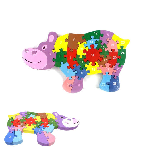 PUZZLE 3D EN BOIS JEU ÉDUCATIF CHIFFRES LETTRES ENFANTS FORME HIPPOPOTAME 52261