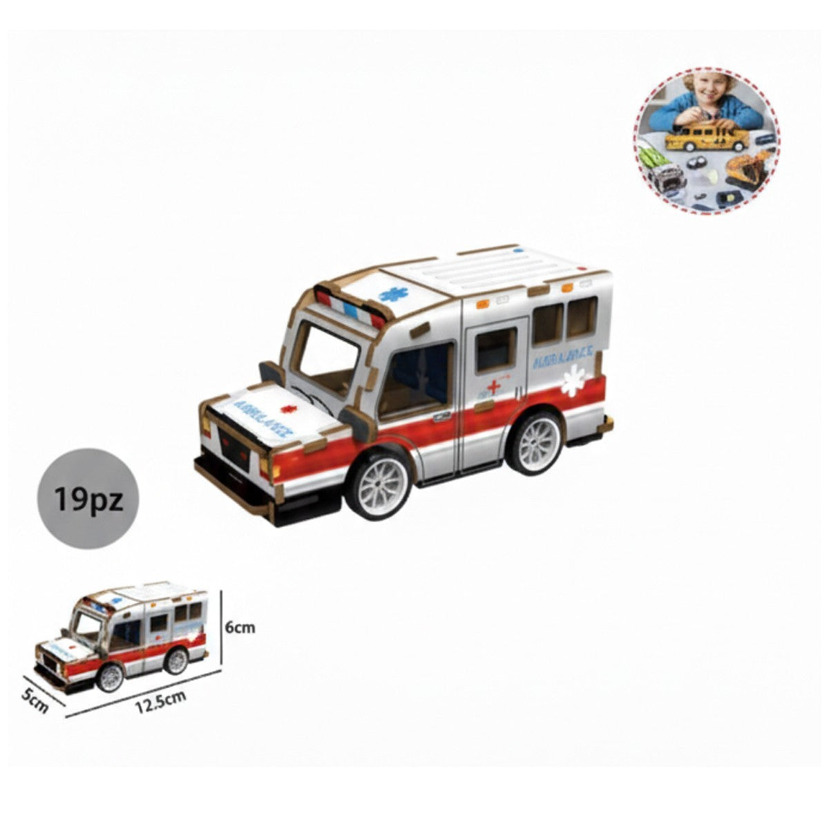 PUZZLE 3D AMBULANZA LEGNO 19PZ GIOCO COSTRUZIONI BAMBINI MEZZO SOCCORSO 32385