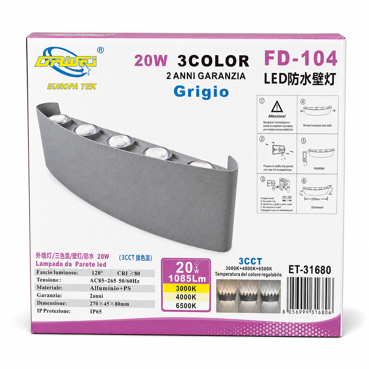 APPLIQUE LED 20W ESTERNO LAMPADA PARETE GRIGIA IP65 3000K 4000K 6000K ET-31680