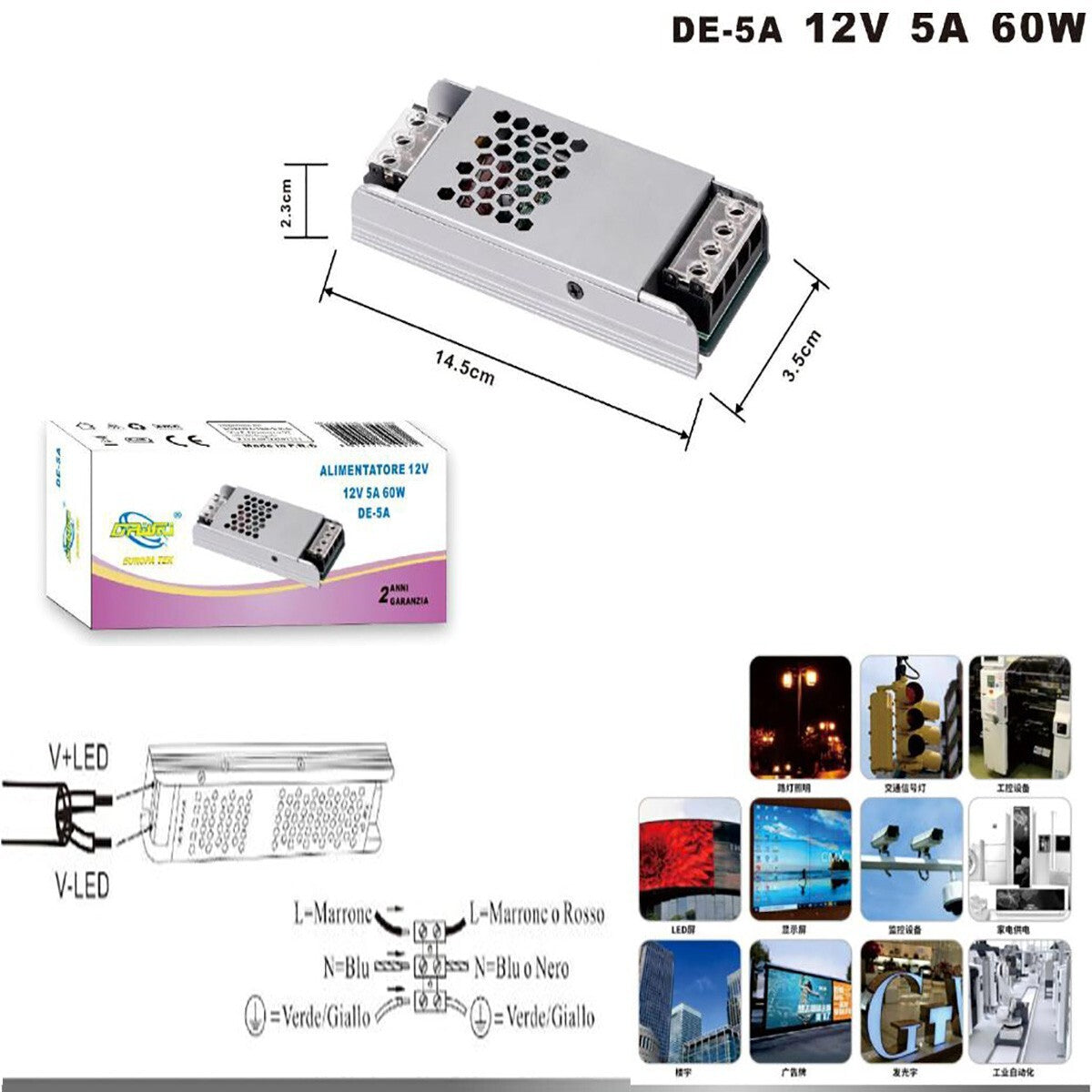 ALIMENTATION TRANSFORMATEUR 12V POUR BANDE CAMÉRAS LED STABILISATEUR 60W 5A