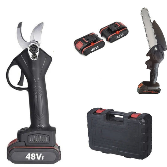 KIT 2 FORBICE A BATTERIA DA POTATURA E MOTOSEGA 4" VALIGIA CESOIA 48V 2 BATTERIE