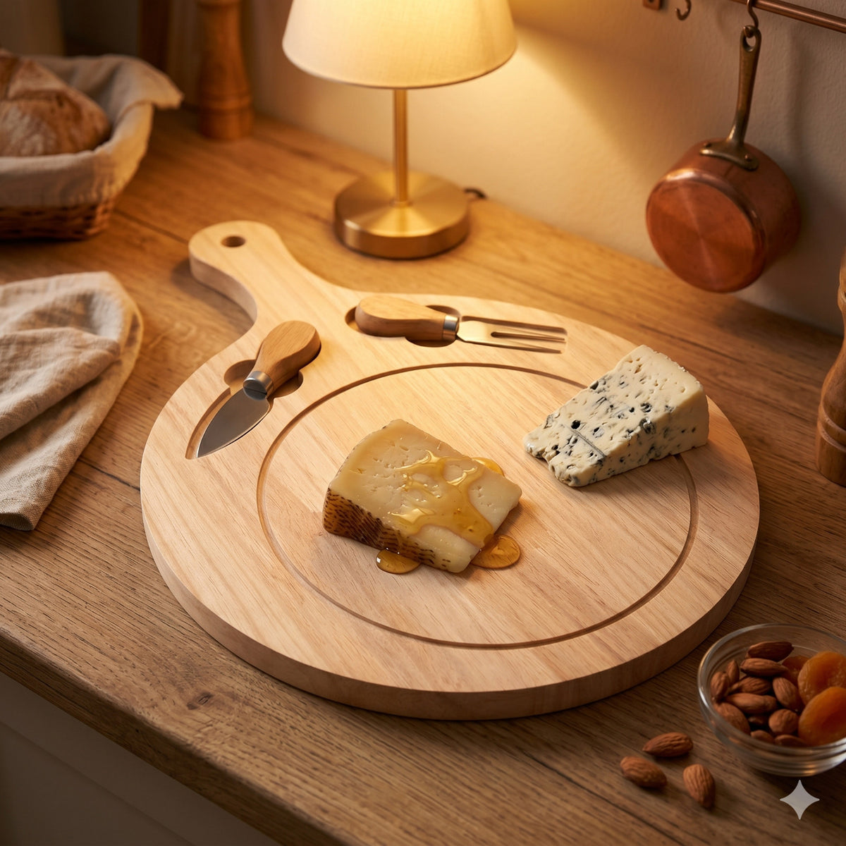 TAGLIERE ROTONDO LEGNO MANICO SET COLTELLI FORMAGGI 3 PEZZI VASSOIO APERITIVO