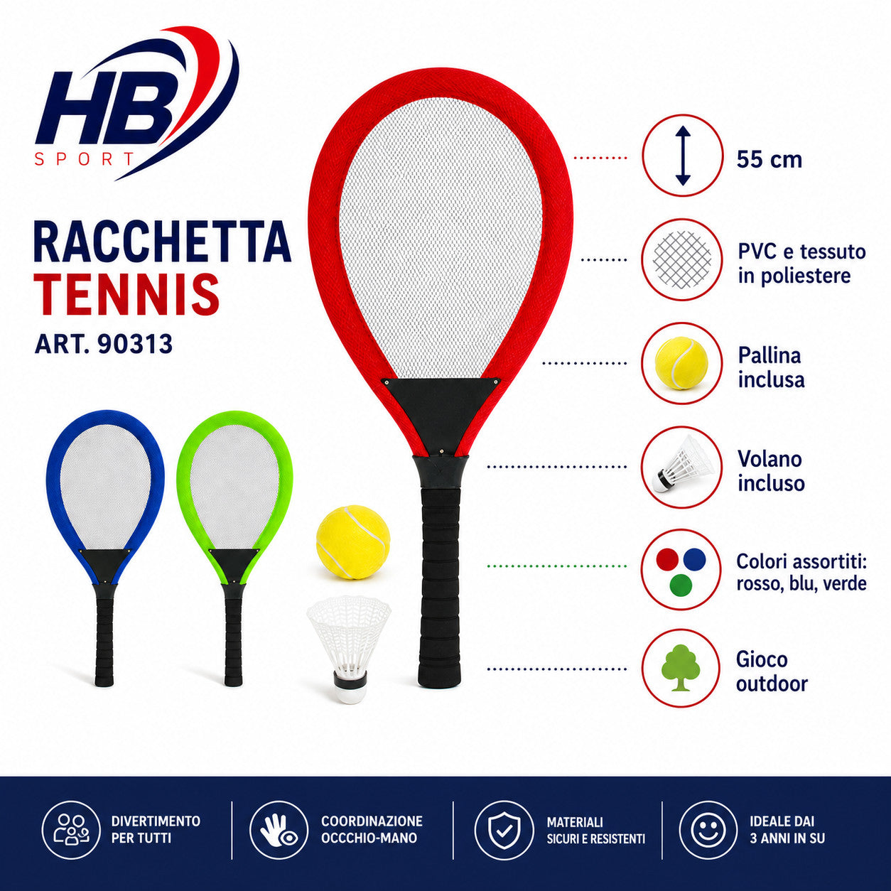 RACCHETTE TENNIS 55CM CON PALLINA VOLANO GIOCO PADEL PISCINA SPIAGGIA 90313