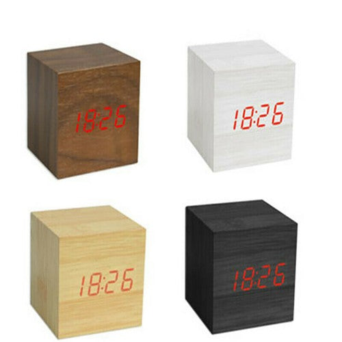 RÉVEIL NUMÉRIQUE EN BOIS AFFICHAGE LED DATE CUBE HORLOGE DE TABLE JS-017