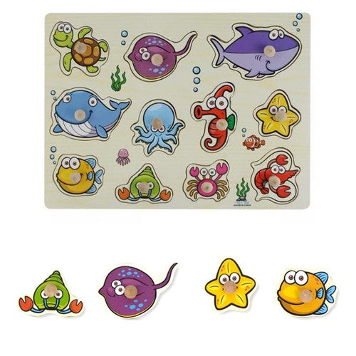PUZZLE EN BOIS ENCASTRABLE ÉDUCATIF POISSONS BALEINE TORTUE SENSORIEL ENFANTS 07537