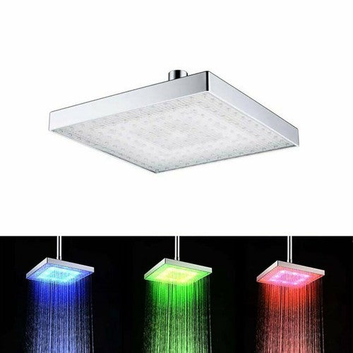 POMME DE DOUCHE CARRÉE MULTICOLORE 6 LED TRANSPARENTE CHROMOTHÉRAPIE 14CM