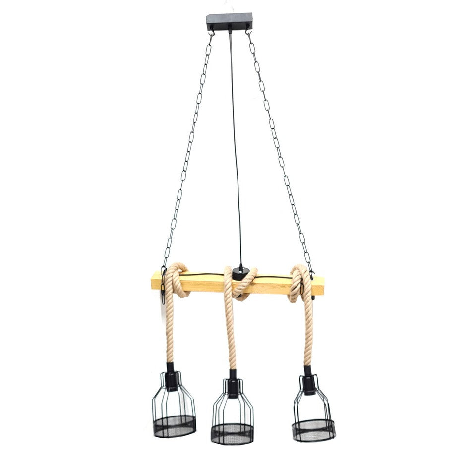 LAMPADARIO SOSPENSIONE VINTAGE E27 CANAPA RETRO COUNTRY LEGNO GABBIA INDUSTRIALE