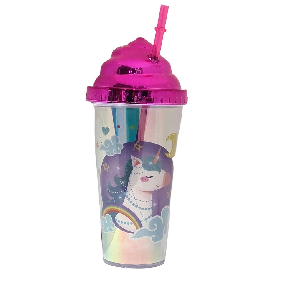 GOBELET EN PLASTIQUE AVEC PAILLE DE 380ML POUR ENFANT LICORNE EAU ROSE