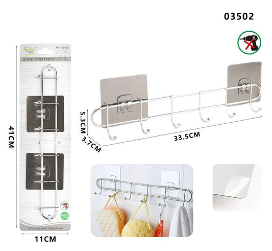 PORTA ASCIUGAMANI CON 6 GANCI BAGNO PARETE SALVIETTE GANCIO CASA ADESIVO 03502