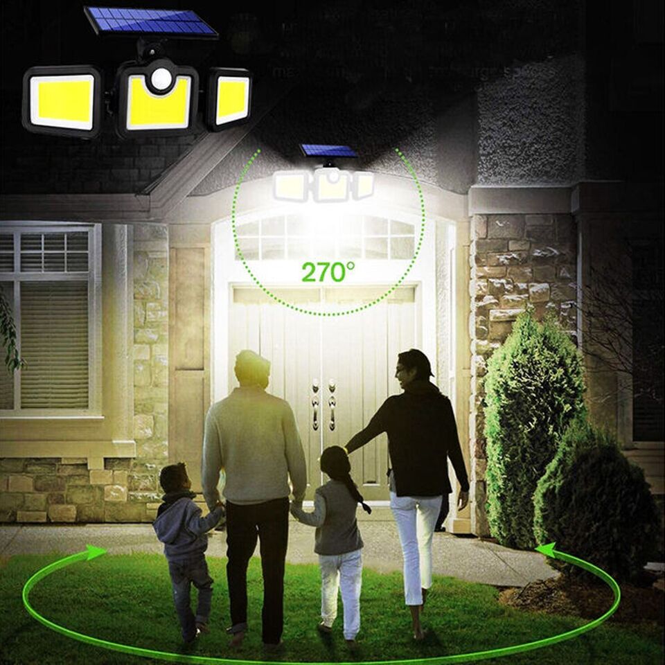FARETTO COB LED SOLARE LUCE FREDDA SENSORE MOVIMENTO TRIPLA TESTA ROTANTE B0389