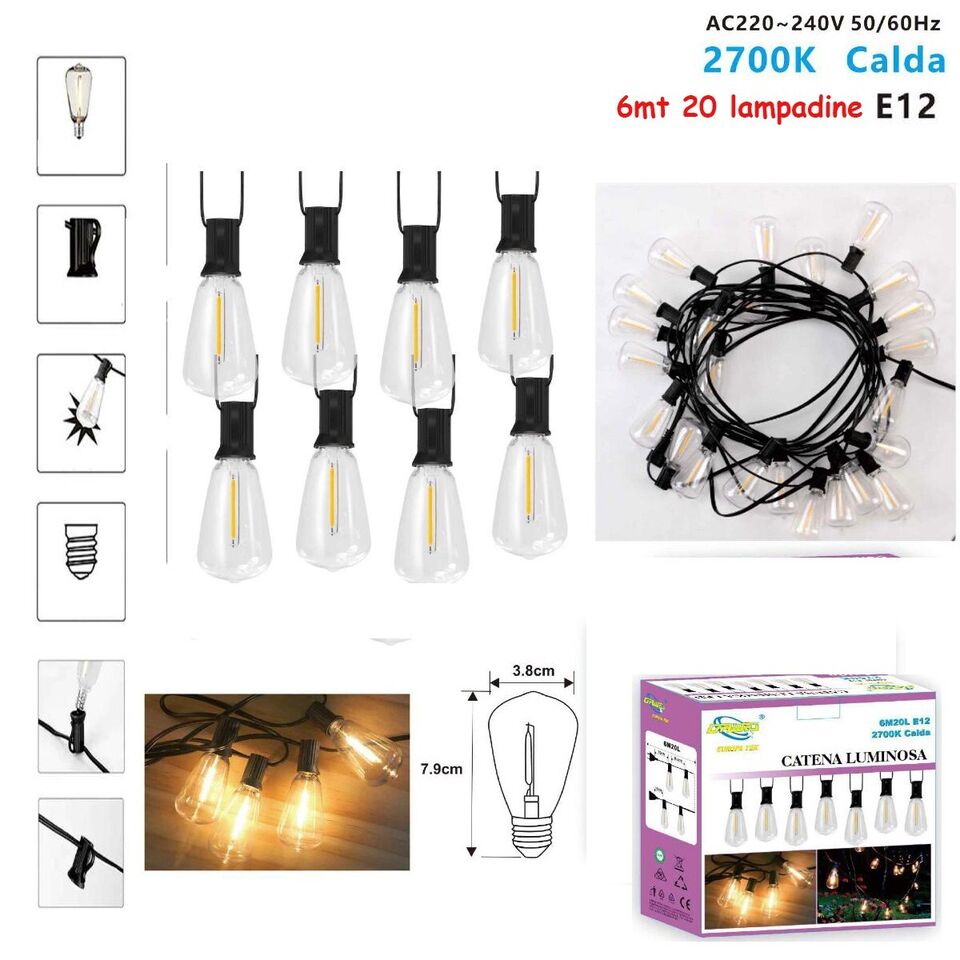 CATENARIA CATENA LUMINOSA 6MT CON 20 LAMPADINE E12 ESTERNO LUCE CALDA 2700K