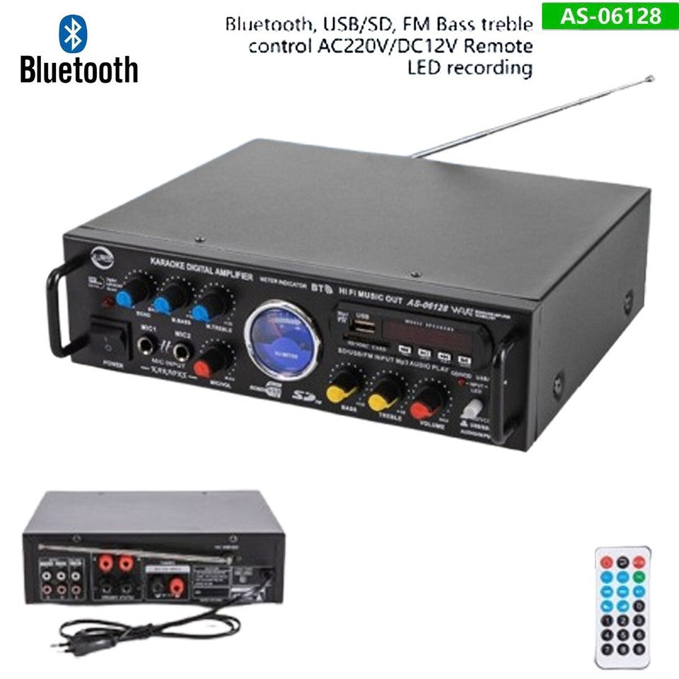 AMPLIFICATORE AUDIO STEREO 3 CANALI MICROFONO FM USB BLUETOOTH KARAOKE AS-06128