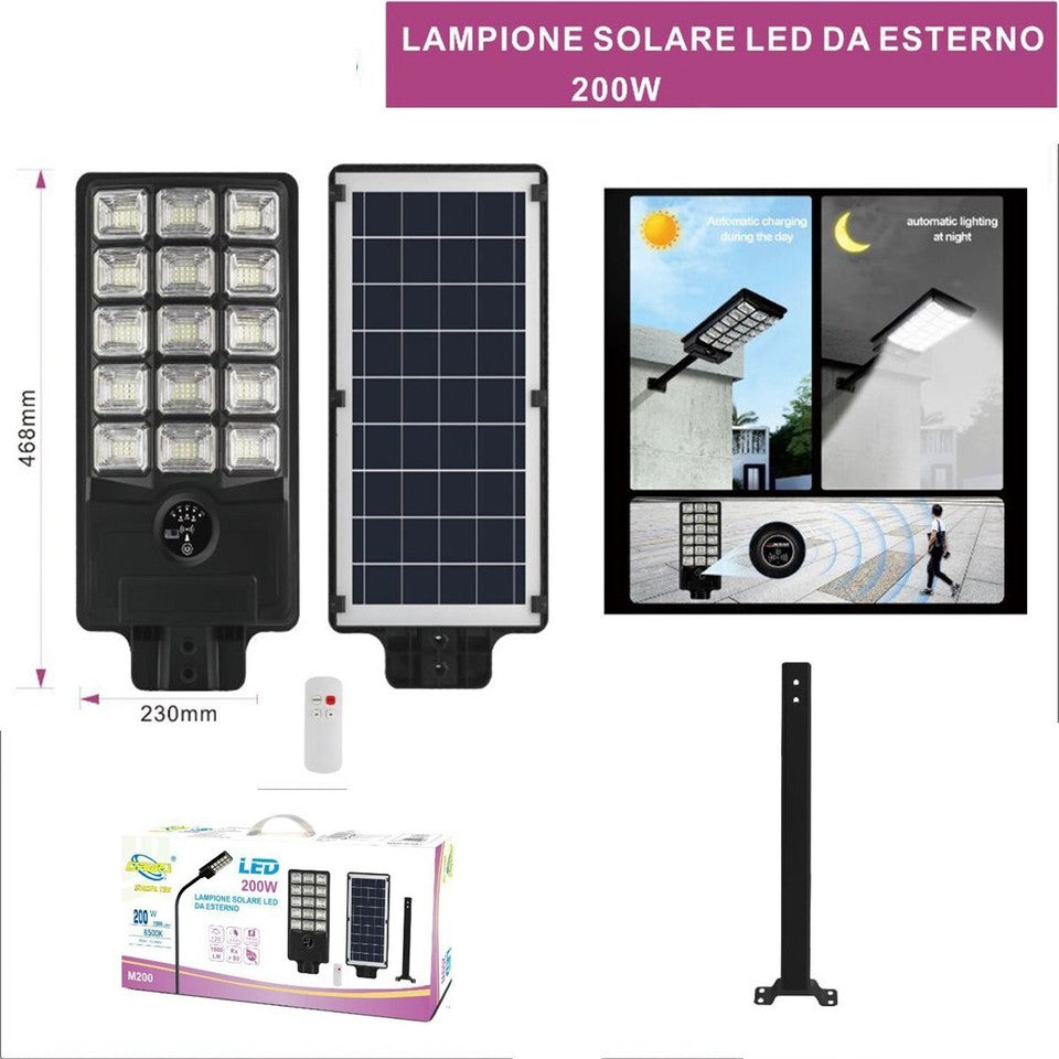 LAMPE RÉVERBÈRE SOLAIRE 200W AVEC SUPPORT TÉLÉCOMMANDE 12467