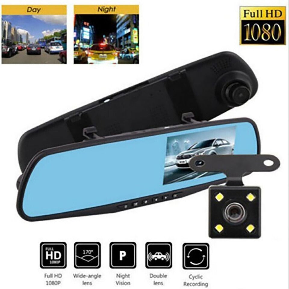 SPECCHIETTO RETROVISORE CON MONITOR DVR RETROMARCIA 2 TELECAMERE 4 LED AUTO SUV