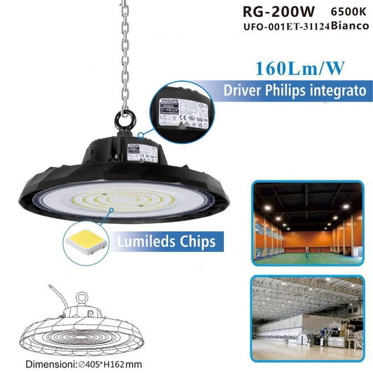 FARO INDUSTRIALE DRIVER LED PHILIPS UFO 200W LAMPADA SOSPENSIONE LUCE 6500k