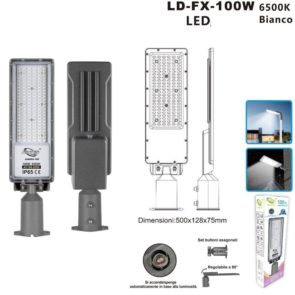 LAMPIONE STRADALE FARO A LED 6500K LUCE FREDDA ESTERNO REGOLABILE 90° LD-FX 100W