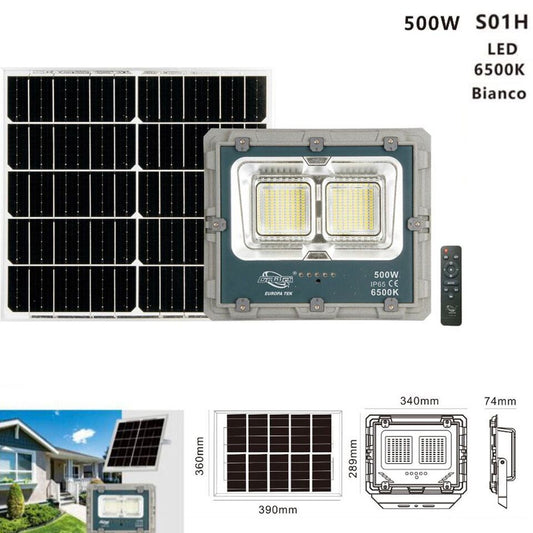 FARO LED CON PANNELLO SOLARE LUCE FREDDA FARETTO LED CASA GIARDINO ESTERNO 500W