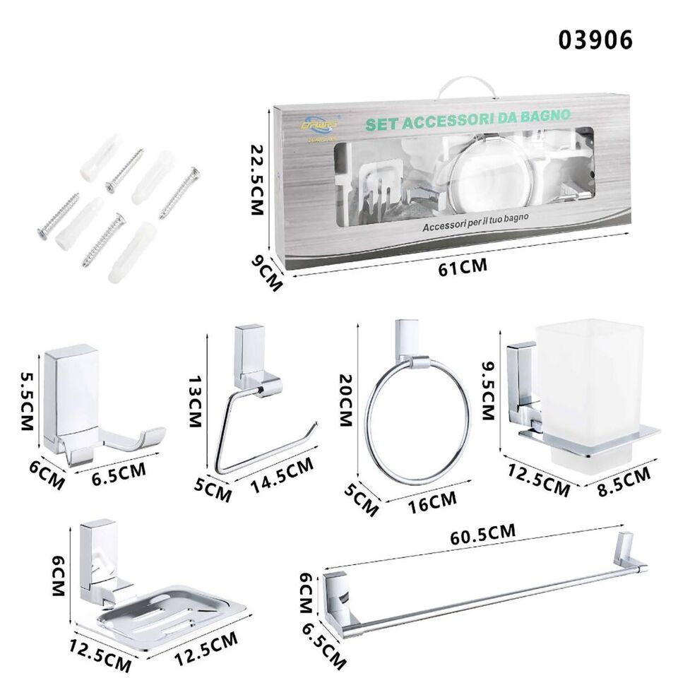 KIT COMPLETO 6 ACCESSORI BAGNO ASTA SAPONE WC GANCIO PORTA ASCIUGAMANO 03906