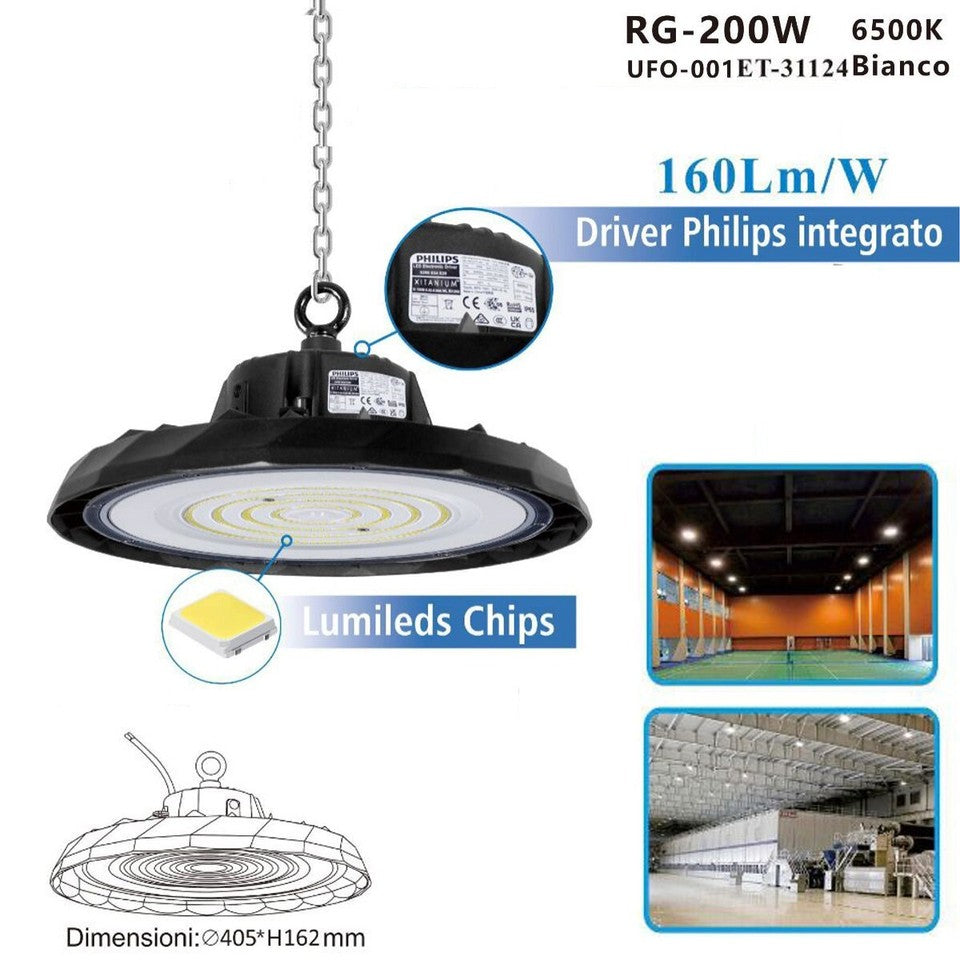 FARO INDUSTRIALE DRIVER LED PHILIPS UFO 200W LAMPADA SOSPENSIONE LUCE 6500k