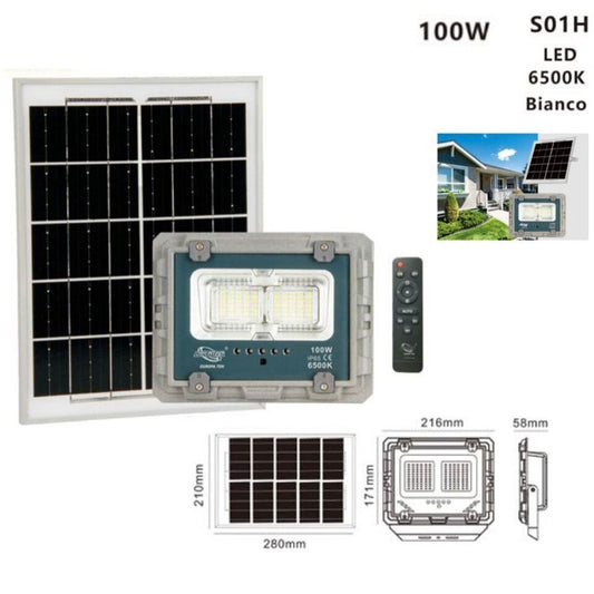 FARO LED CON PANNELLO SOLARE LUCE FREDDA FARETTO LED CASA GIARDINO ESTERNO 100W