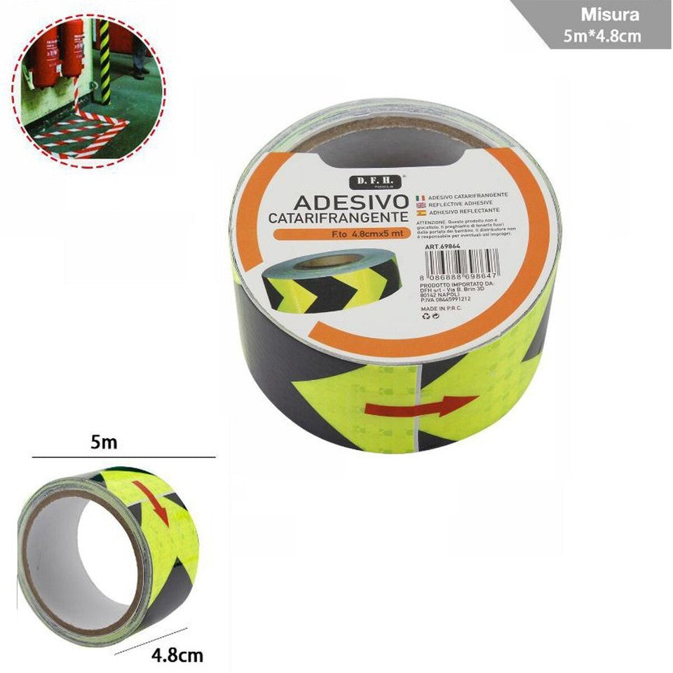 RUBAN ADHÉSIF RÉFLÉCHISSANT FLÈCHE JAUNE NOIR CATADIOPTRE ROULEAUX 10M 69864
