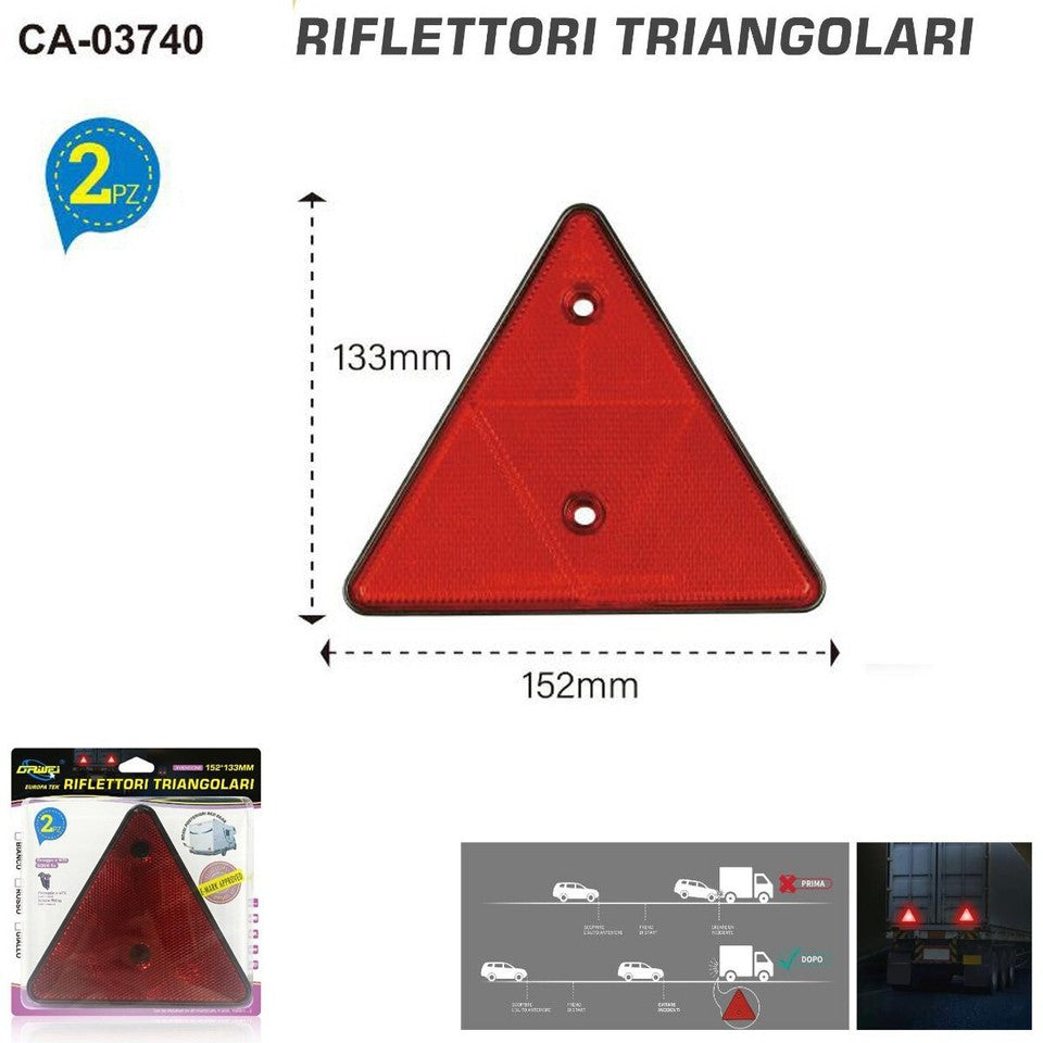 RIFLETTORE CATARIFRANGENTE TRIANGOLO TRIANGOLARE ROSSO PER RIMORCHI ROULOTTE 2PZ