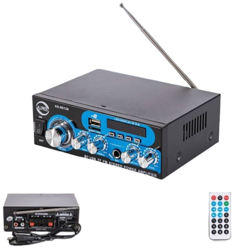 AMPLIFICATORE AUDIO STEREO 2 CANALI FM USB SD MP3 KARAOKE MICROFONO AS-06126