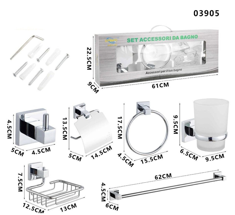KIT COMPLETO 6 ACCESSORI BAGNO ASTA SAPONE WC GANCIO PORTA ASCIUGAMANO 03905