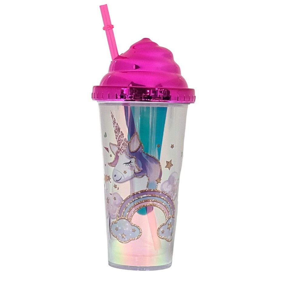 GOBELET EN PLASTIQUE AVEC PAILLE DE 380ML POUR ENFANT LICORNE EAU ROSE