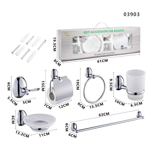 KIT COMPLETO 6 ACCESSORI BAGNO ASTA SAPONE WC GANCIO PORTA ASCIUGAMANO 03903