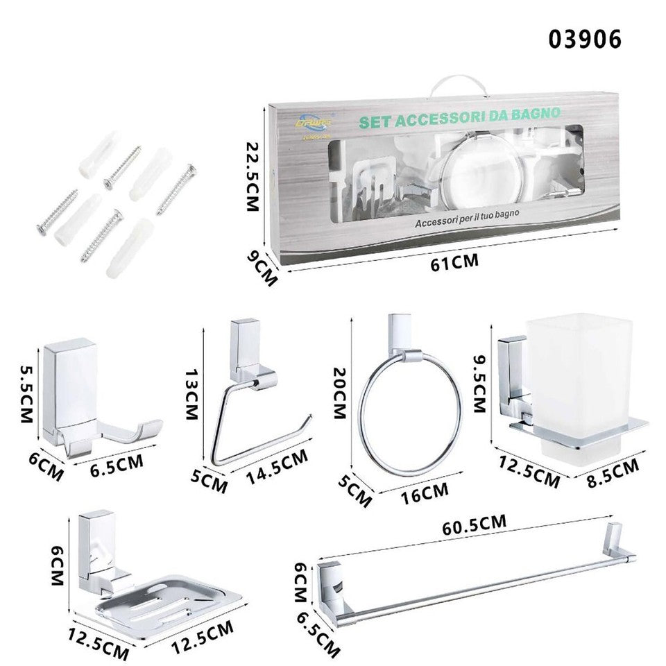 KIT COMPLETO 6 ACCESSORI BAGNO ASTA SAPONE WC GANCIO PORTA ASCIUGAMANO 03906