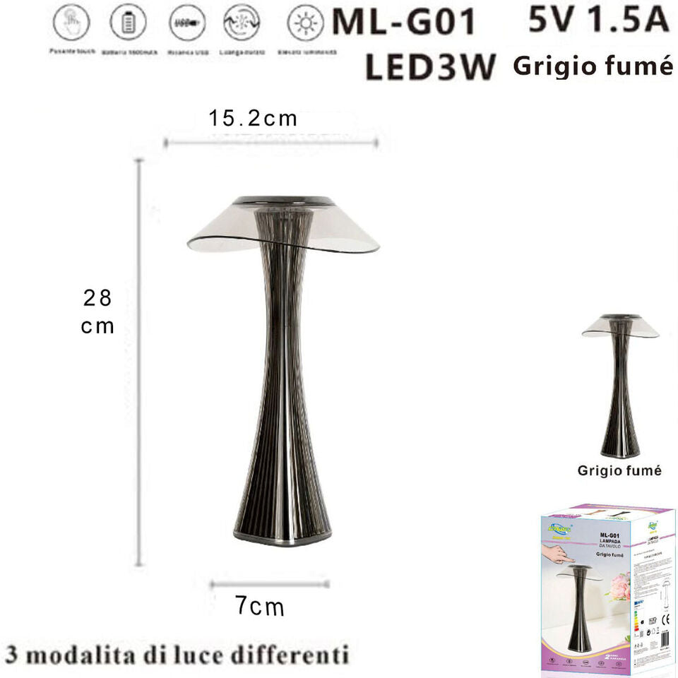LAMPADA TAVOLO TOUCH LED MODERNA RICARICABILE BAR HOTEL RISTORANTE GRIGIO ML-G01