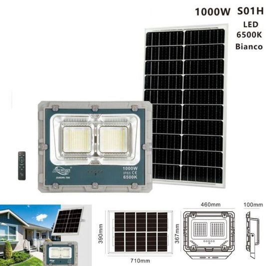 FARO LED CON PANNELLO SOLARE LUCE FREDDA FARETTO LED CASA GIARDINO ESTERNO 1000W